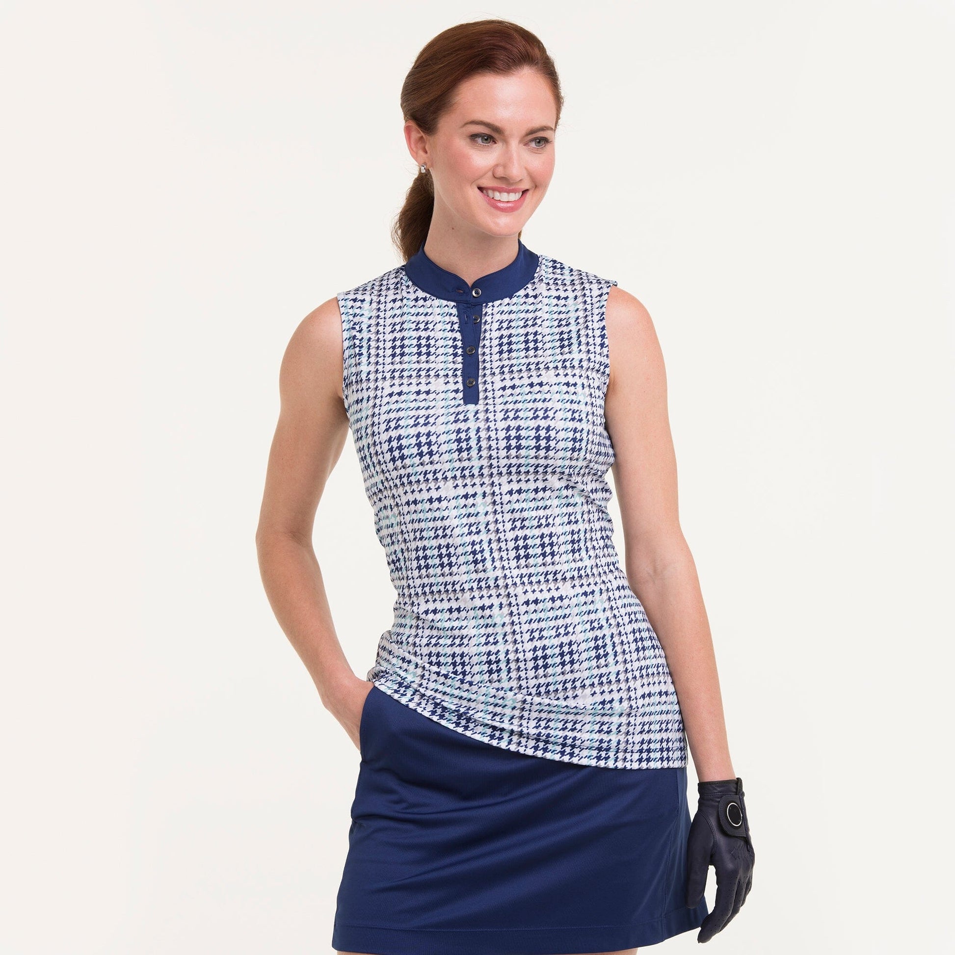 SLEEVELESS HOUNDSTOOTH PRINT POLO