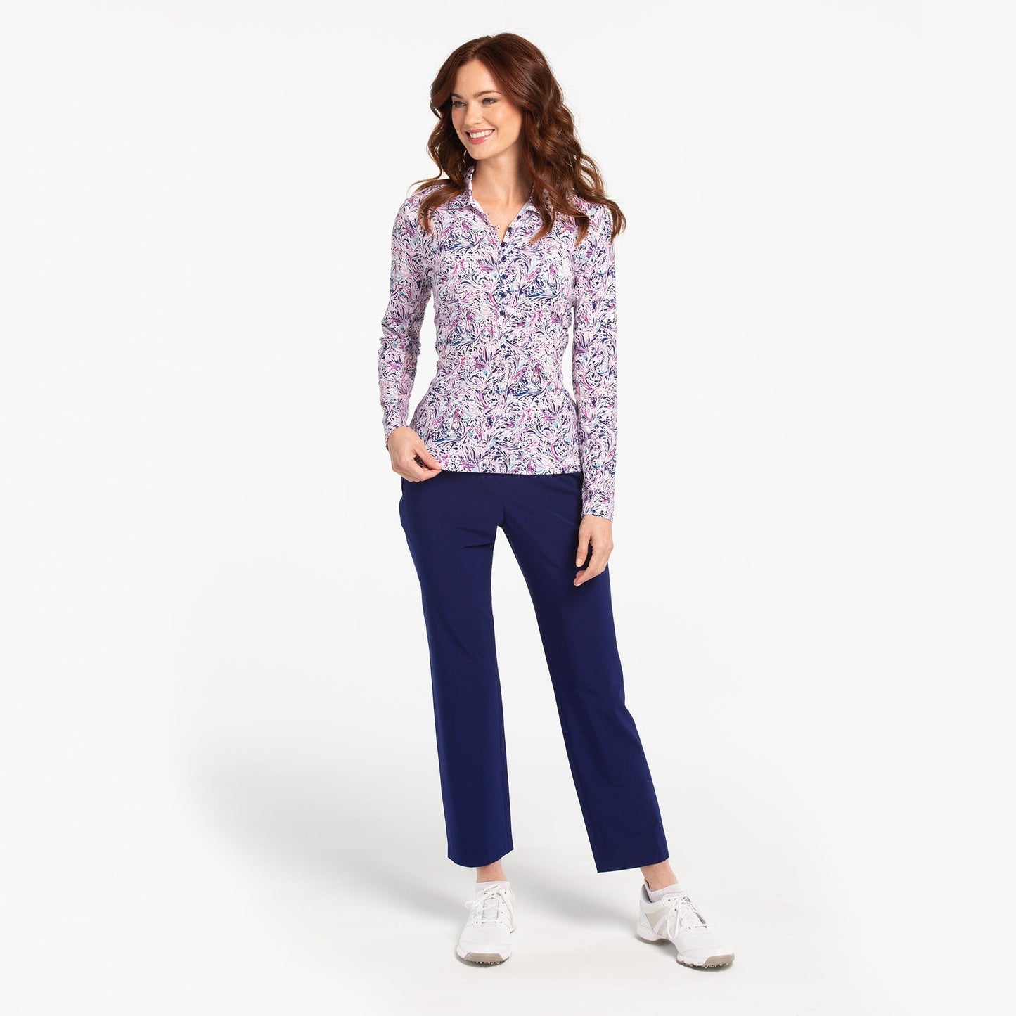 LONG SLEEVE SPIRAL PAISLEY PRINT POLO