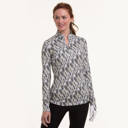 LONG SLEEVE LEOPARD HOUNDSTOOTH POLO