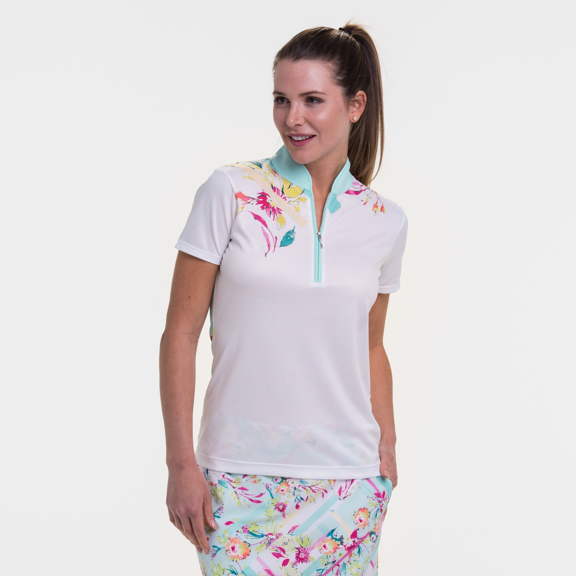 SHORT SLEEVE LINEAR FLORAL PLACED PRINT POLO